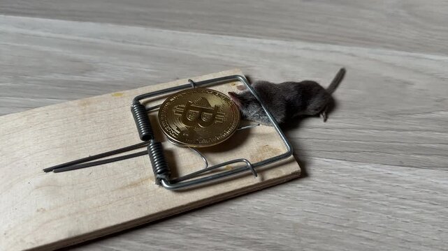 Rat in a mousetrap. Rat caught in mousetrap. Catching rats, mice, rodents in house. Hunting for mouse in apartment. Stealing money, cryptocurrency theft. Bitcoin coin for mouse. Crypto bait for thief.