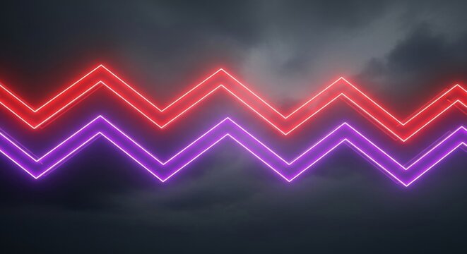 Abstract neon zig-zags form a dynamic flow of electrical current in red and purple tones against a dark, stormy cloud-filled background, plasma, pulse, storm