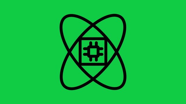Quantum Processor Icon Motion. Animated line icon of a microchip inside atomic orbits representing high-performance computing, quantum technology, and advanced science.