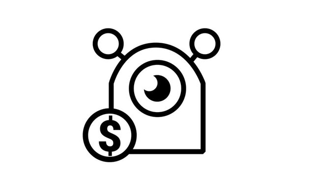 Financial Robot Icon Motion. Animated line icon of a friendly robot next to a dollar coin representing automated financial trading and fintech.