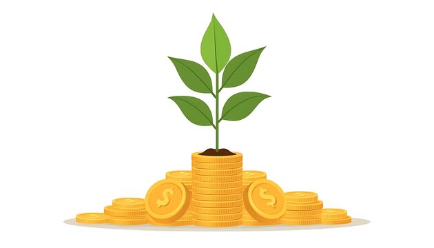 A vibrant green plant growing from a stack of golden coins, symbolizing financial growth, investment, and prosperity on a white background.
