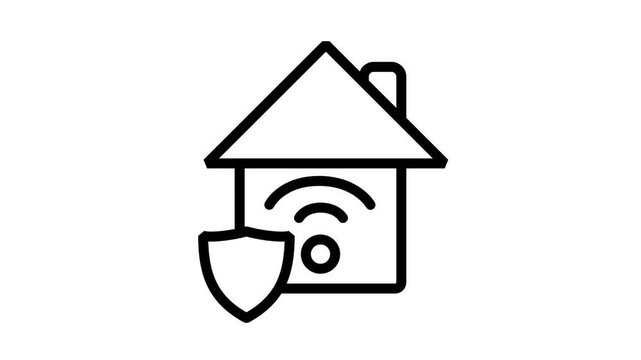 Smart Home Security Icon Motion. Animated line icon of a house with wireless signal protected by a shield representing smart home defense system.