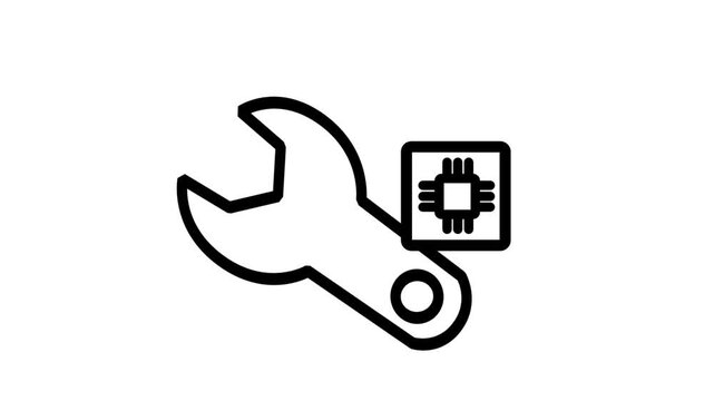 Hardware Repair Icon Motion. Animated line icon featuring a wrench alongside a microchip symbol representing hardware maintenance, technical support, and repair.