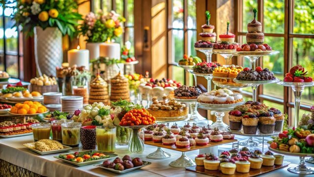 A lavish party receptions dessert buffet table sprawls with an exquisite assortment of sweets tantalizing guests
