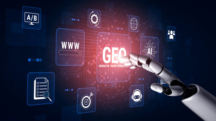 Obraz premium Robotic Arm Interacting with Digital Interface Representing Generative Technology and Data Processing in Modern Cyber Environment. Glyphic.