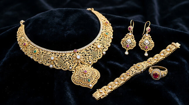 Ornate Gold Jewelry Set with Intricate Designs.