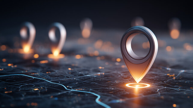 Location markers rise from a digital map representing geolocation tracking route planning and connected navigation services.
