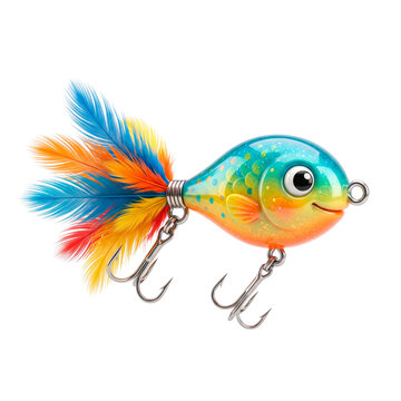 Whimsical cartoon fish fishing lure with colorful feathers and sharp treble hooks PNG Isolated on transparent background