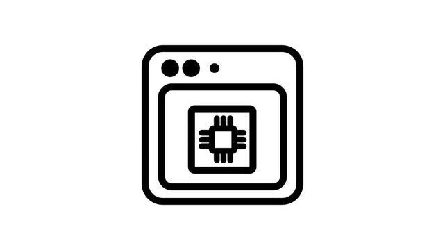 Web Microchip Icon Motion. Animated line icon of a browser window displaying a microchip representing hardware programming and software development process.