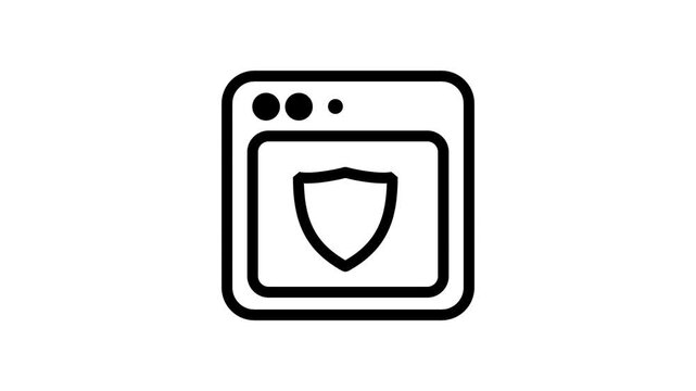 Web Security Icon Motion. Animated line icon of a web browser window containing a shield symbol representing online privacy and security.