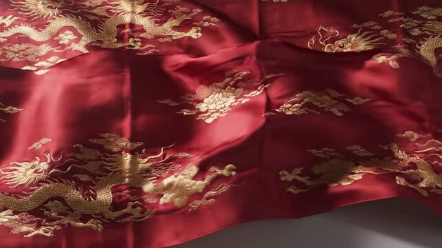 Background of a detailed traditional Asian silk embroidery depicting dragon and warriors artwork