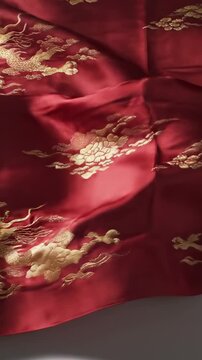 Background of a detailed traditional Asian silk embroidery depicting dragon and warriors artwork
