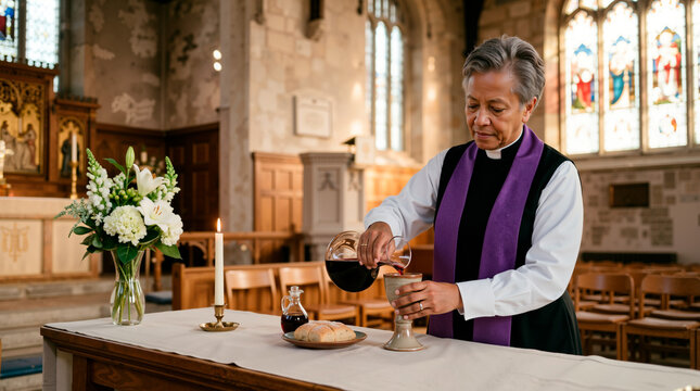 Female priest pouring red wine into a chalice at the altar. Christian woman pastor preparing Holy Communion in a church. Eucharist sacrament ceremony with bread and wine