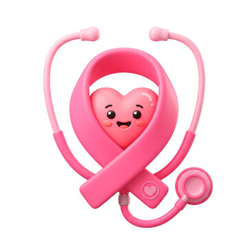 Cute cartoon heart character embraced by pink ribbon and stethoscope for breast cancer awareness PNG Isolated on transparent background