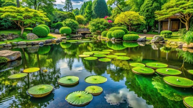 A serene japanese garden pond with large green water lilies reflects perfectly creating a tranquil oasis in harmony
