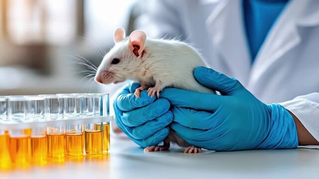 Scientist holding white lab mouse in gloved hands near test tubes