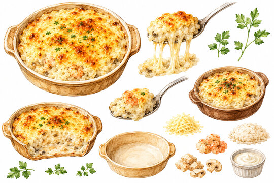 美味しそうな熱々グラタンのイメージイラスト素材｜とろけるチーズ・クリーミーな洋食・冬のあったか料理 / Hot Baked Gratin Illustration, Creamy Cheese Gratin and Comfort Food