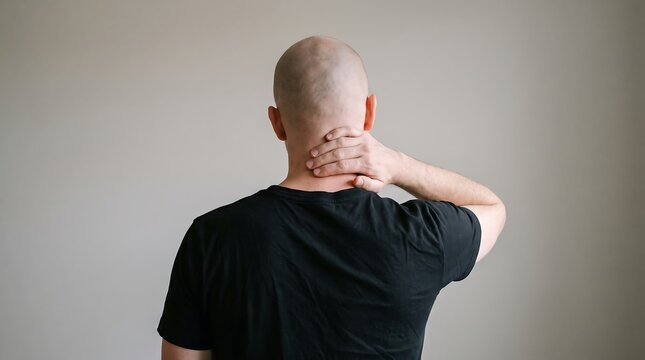 Man suffering from severe neck pain massaging stiff muscles with discomfort physical wellness inflammation
