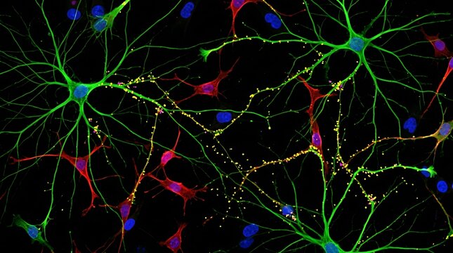 Fluorescent microscopic view of interconnected neurons and synapses on black background.