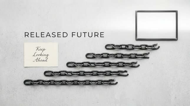 Broken metal chains represent freedom with released future text and keep looking ahead note on the grey textured background, representing hope and overcoming obstacles to reach success and