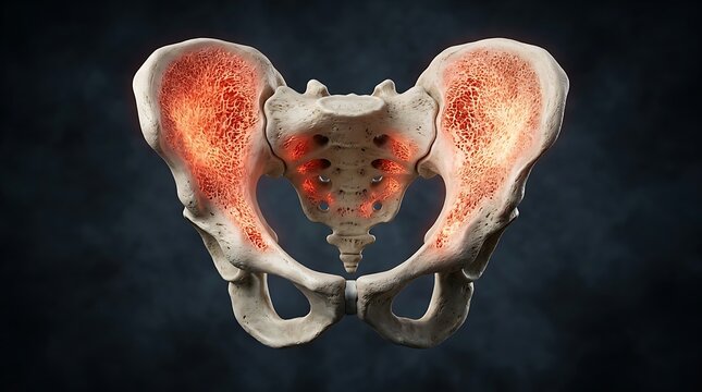 Human pelvic bone anatomy showing inflammation and joint pain illustration