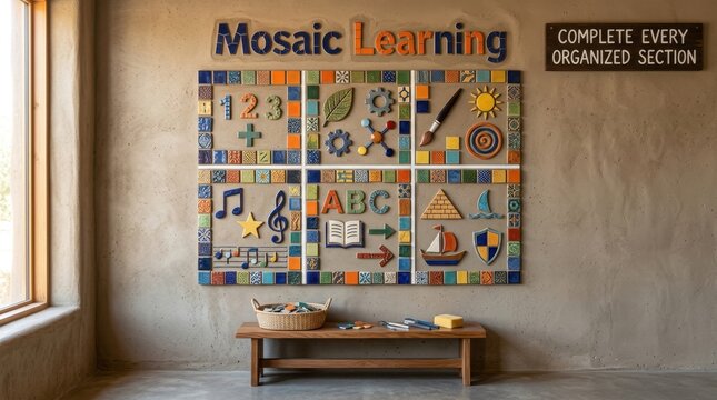 Colorful mosaic learning board on a textured wall features educational sections for math, science, music, and art, providing a creative interactive space for children to explore various subjects
