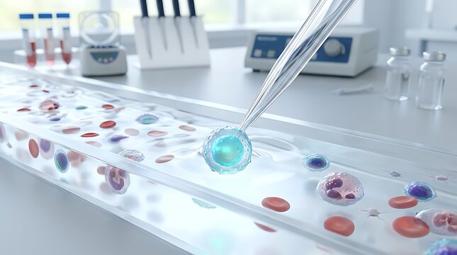 Laboratory micro-needle manipulating a single blue cell in a microfluidic channel for biotech research.