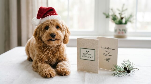 Adorable brown poodle puppy wearing a small red Santa hat sitting on a white table next to a Christmas greeting card and pine branch, capturing the festive holiday spirit in a bright cozy home