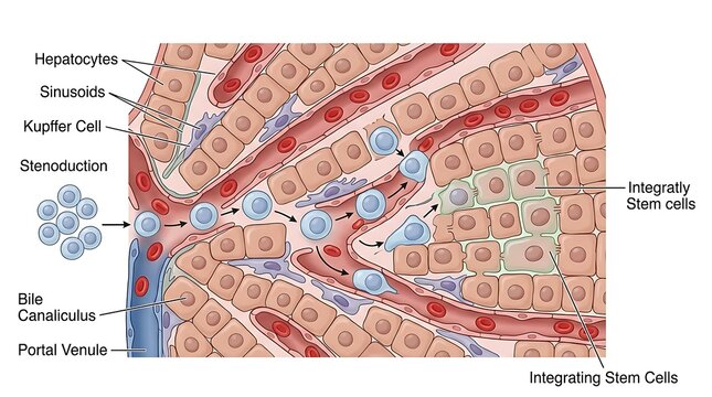 Medical illustration of liver stem cell integration into hepatocytes