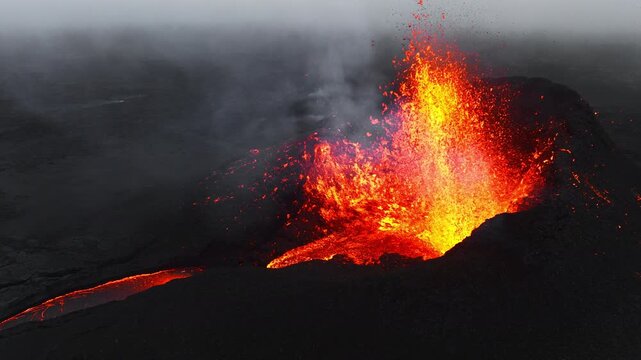 Active Volcano Eruption Lava Flowing From Crater Aerial View Iceland 4K