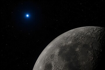 Obraz premium Blue White Star Visible Beyond Rocky Moon with Fine Crater Details and Natural Space Lighting