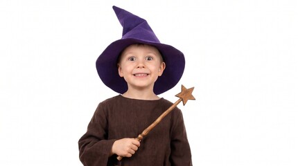 Fototapeta premium A young boy dressed as a wizard, wearing a purple pointed hat and a brown robe, holding a wooden star wand, and smiling enthusiastically