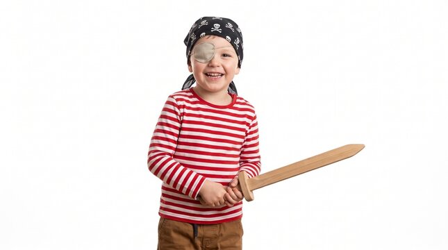 A young boy dressed as a pirate, wearing an eyepatch and bandana, holding a wooden sword and smiling happily