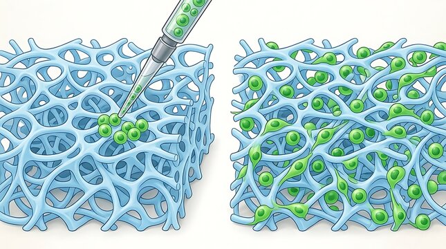 Medical illustration showing cells seeded on a scaffold for tissue engineering and regeneration