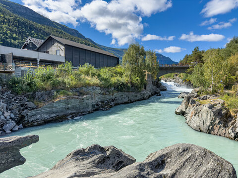 Turquoise Bovra river below the bridge in Lom, Norway