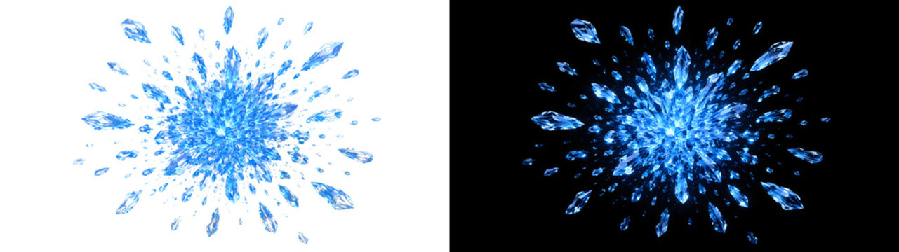 Blue crystal ice explosion radial burst on transparent background, symmetrical shatter PNG
