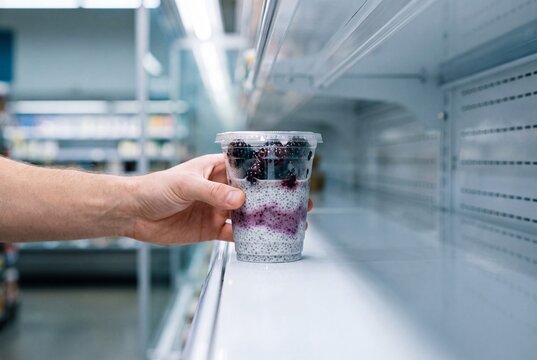 Hand picking a healthy blueberry chia pudding cup from a supermarket refrigerated shelf.