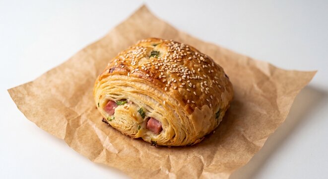 Savory ham and cheese puff pastry roll on brown parchment paper