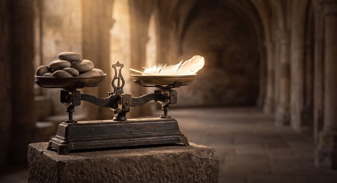Antique balance scale with stones and burning feather in a dark stone hall.