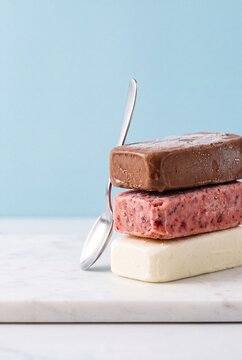 Stack of three colorful protein bars with a silver spoon on a marble surface