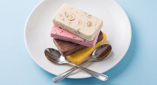 Stack of assorted rectangular ice cream bars on a white plate with two silver spoons