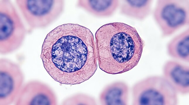 Microscopic image of two cells undergoing division with prominent nuclei, displaying mitosis or meiosis