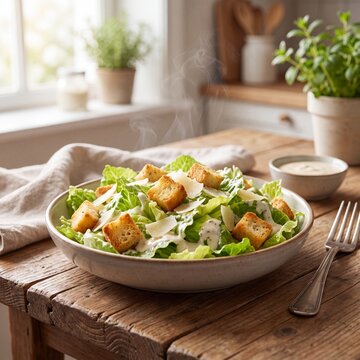 Fresh Caesar salad with crunchy croutons and parmesan cheese in a rustic kitchen setting