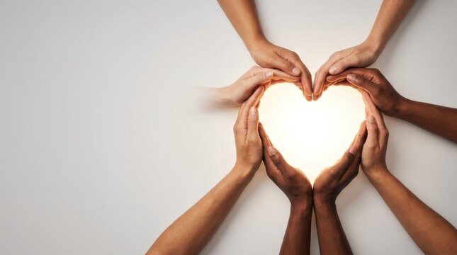 Diverse hands of multiple ethnicities joining together to form a glowing heart shape symbol, representing global unity and love and cooperation and peace for a better world today and