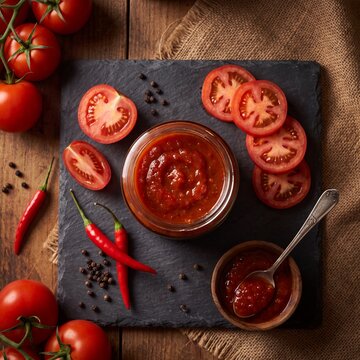 Fresh tomato sauce in glass jar with sliced tomatoes and chili peppers on slate board