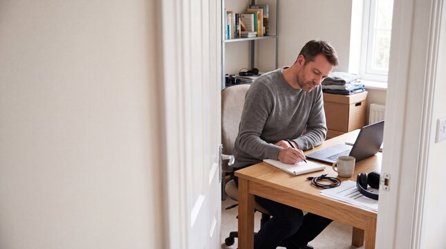 Man working from home on laptop at desk in a bright home office.