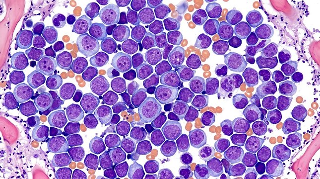Microscopic view of acute leukemia blast cells in bone marrow biopsy, revealing abnormal cell proliferation and morphology.