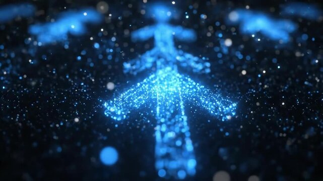 Glowing blue arrow composed of sparkling dots on dark background