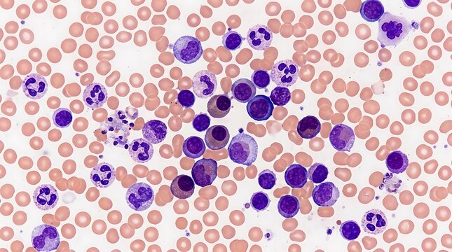 Microscopic view of human blood cells and abnormal white leukocytes in a diagnostic smear.