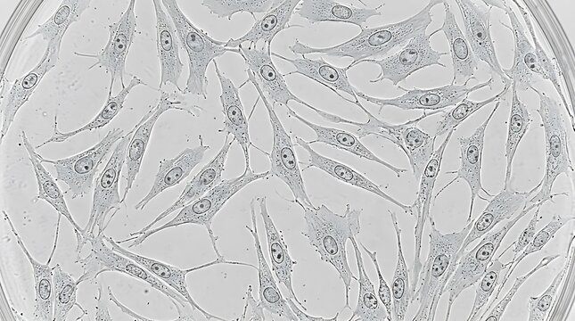 Microscopic view of human cells with nuclei for medical research in a lab.